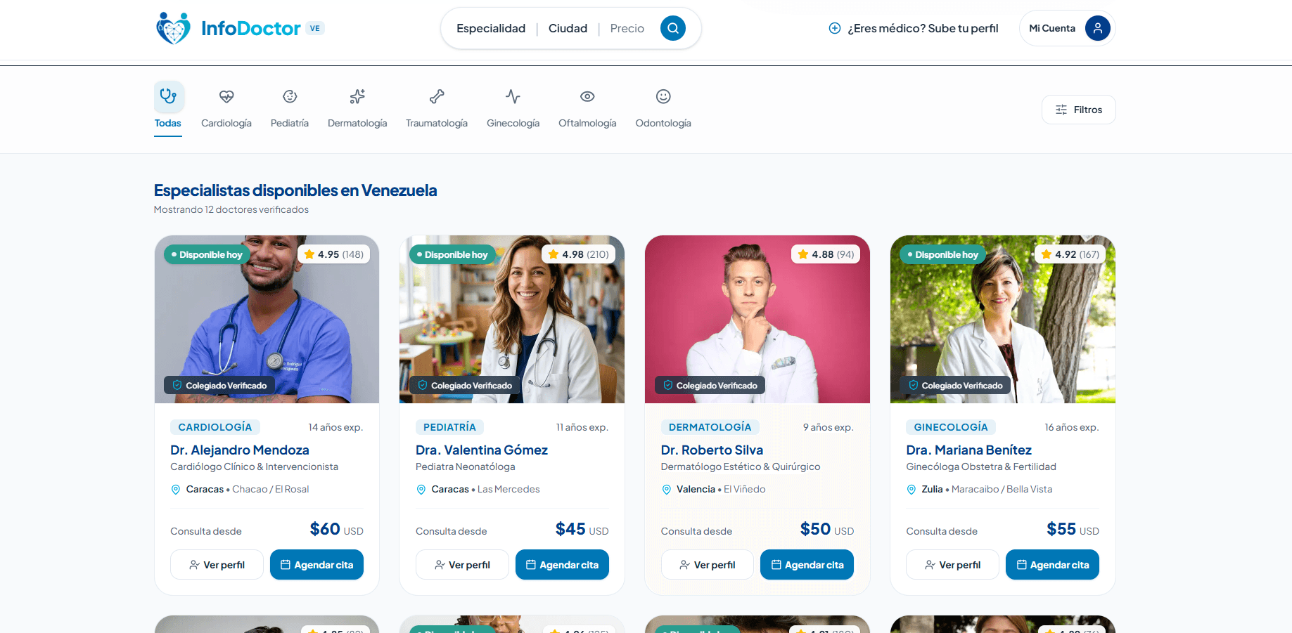 Directorio médico InfoDoctor — Encuentra y agenda con especialistas verificados en Venezuela